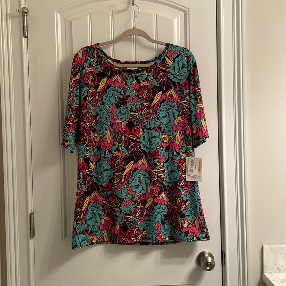 LuLaRoe “Gigi” Red, Yellow and Green Flowers Blouse